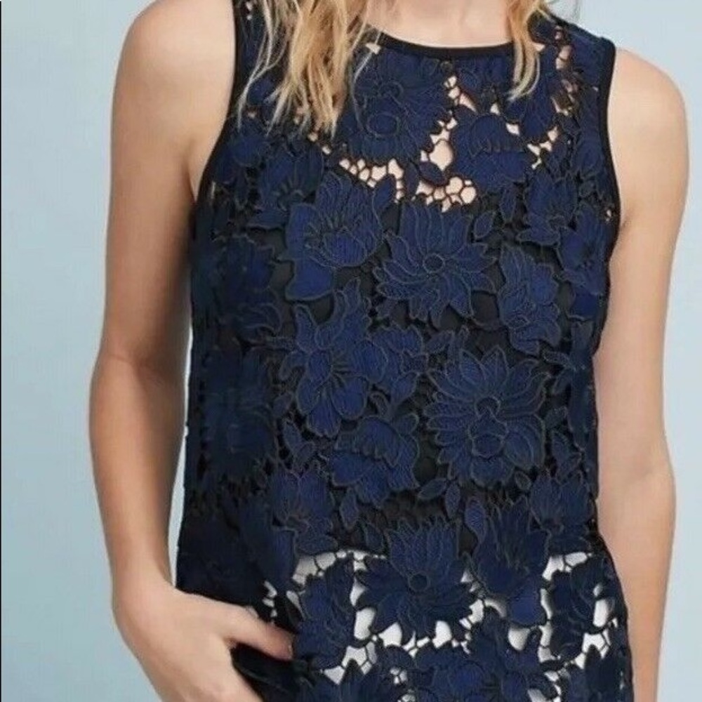 Anthropologie Navy Blue Floral Lace Sleeveless Top